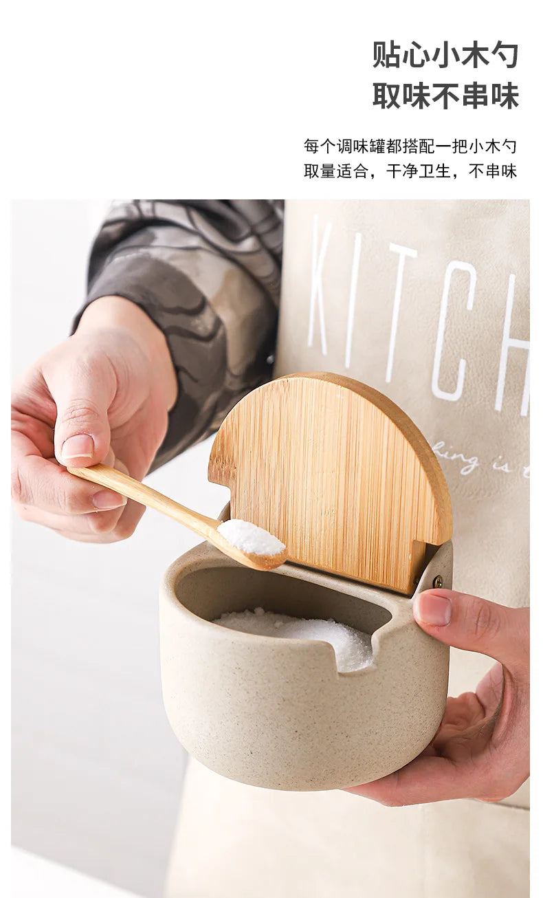 Ceramic Seasoning Jars with Wooden Lid Salt Shakers Kitchen Supplies White Spice Organizer Canister Spoon Set White Sugar Box