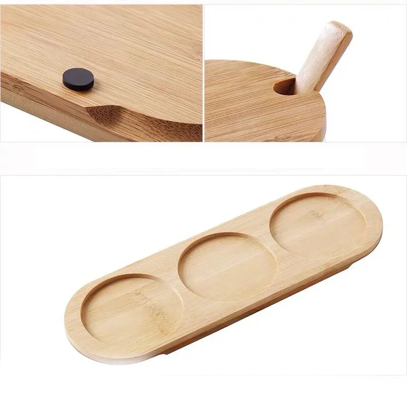 Kitchen Glass Condiment Jar Set Wood Lid with Tray Spoon Clear Seasoning Spice Salt Jar Dust-Proof Coffee Beans Organizer Bottle