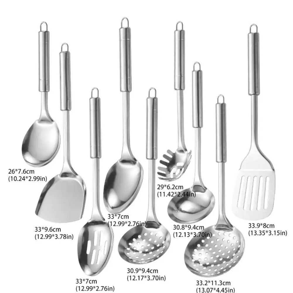9Pcs Household Stainless Steel Kitchen Cooking Utensils Set Long Handle Durable Cooking Spatula Set Rust-proof Shovel Set Pasta