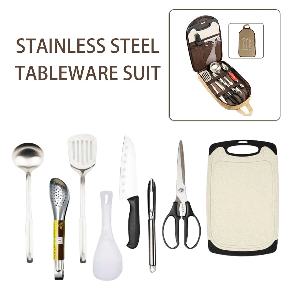 8pcs Camp Kitchen Cooking Utensil Set With Large Capacity Storage Bag Food Grade Waterproof Easy To Clean For Camping Hiking