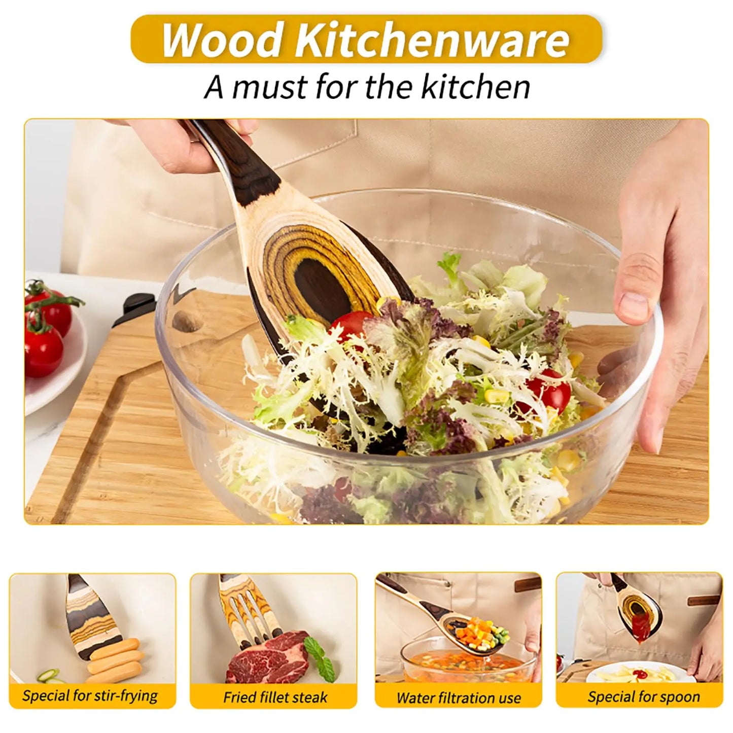 IK Kitchen Utensils 7PCS Pakkawood Cooking Utensils Set Wooden Spoons for Kitchen Wood Spatula with Non-slip Handle