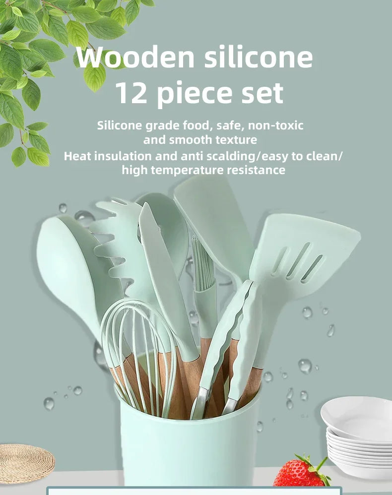 12PCS/Set Premium Quality Silicone Kitchen Utensils Set with Wood Handle and Storage Bucket Kitchen Tools Cooking Accessories