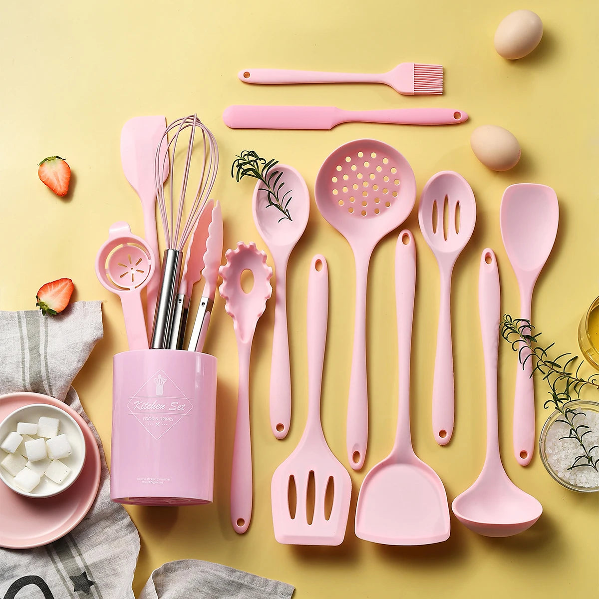 15pcs Pink Silicone Kitchenware with Storage Bucket Spatula Shovel Ladle Cookware Kitchen Utensils Set Non-Stick Cooking Tools