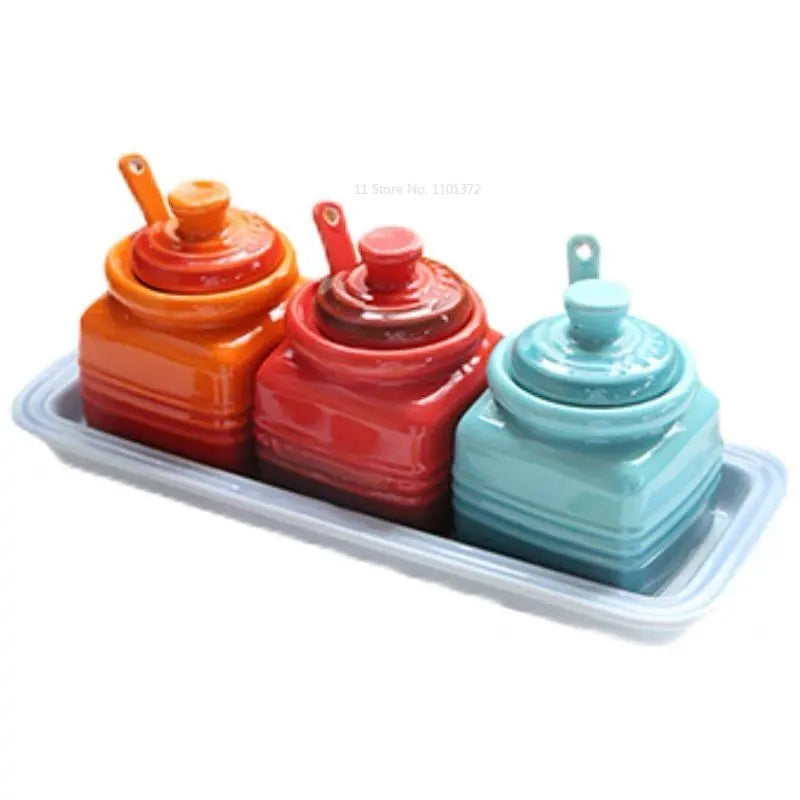 European Style Kitchen Spice Organizer Creative Ceramic Spice Jar with Spoon Gift Box Set Jam Storage Jar with Lid Spice Rack