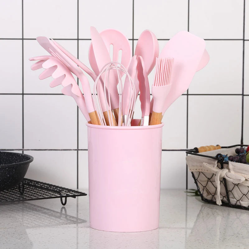 12PCS Silicone Kitchenware Non-Stick Cookware Kitchen Utensils Set Spatula Shovel Egg Beaters Wooden Handle Cooking Tool Set Hot