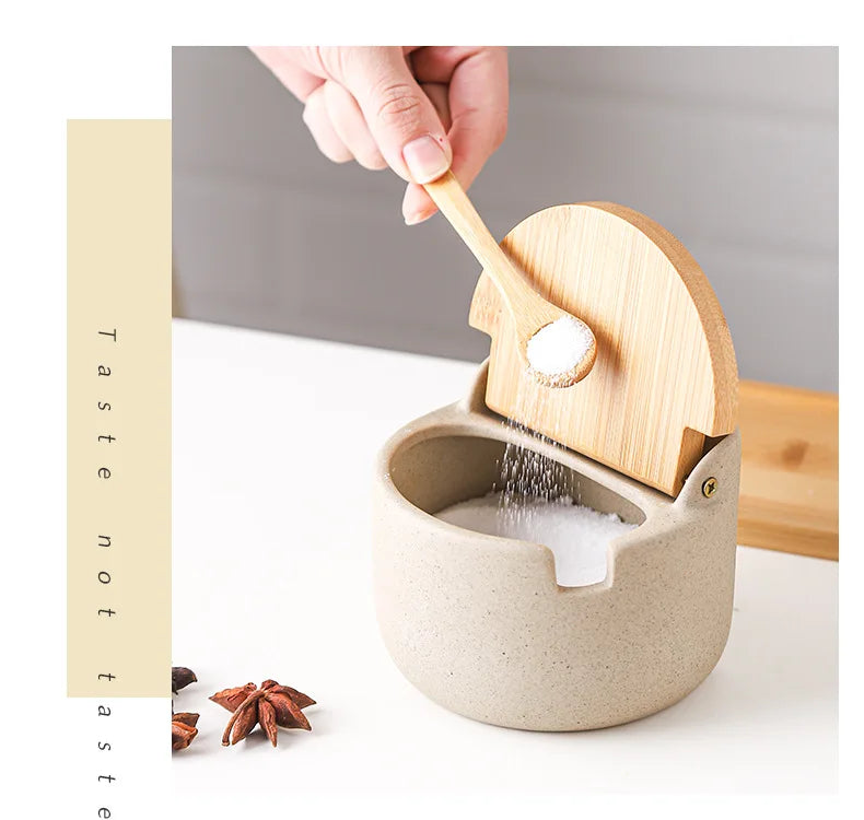 Ceramic Seasoning Jars with Wooden Lid Salt Shakers Kitchen Supplies White Spice Organizer Canister Spoon Set White Sugar Box