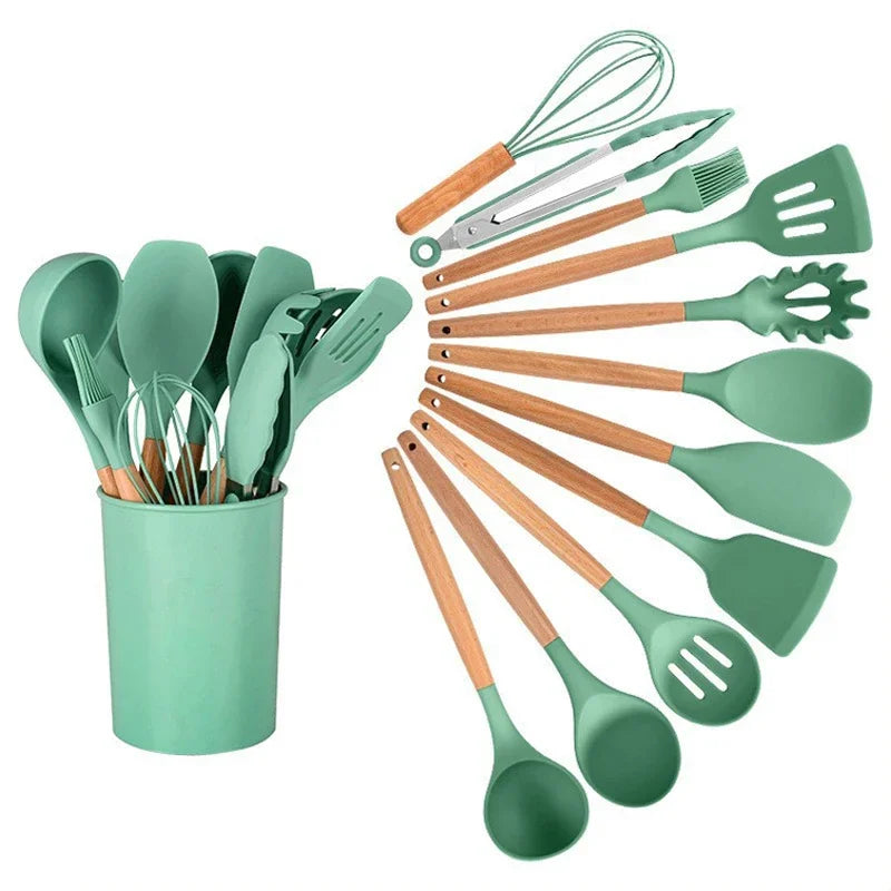 12PCS Silicone Kitchenware Non-Stick Cookware Kitchen Utensils Set Spatula Shovel Egg Beaters Wooden Handle Cooking Tool Set Hot
