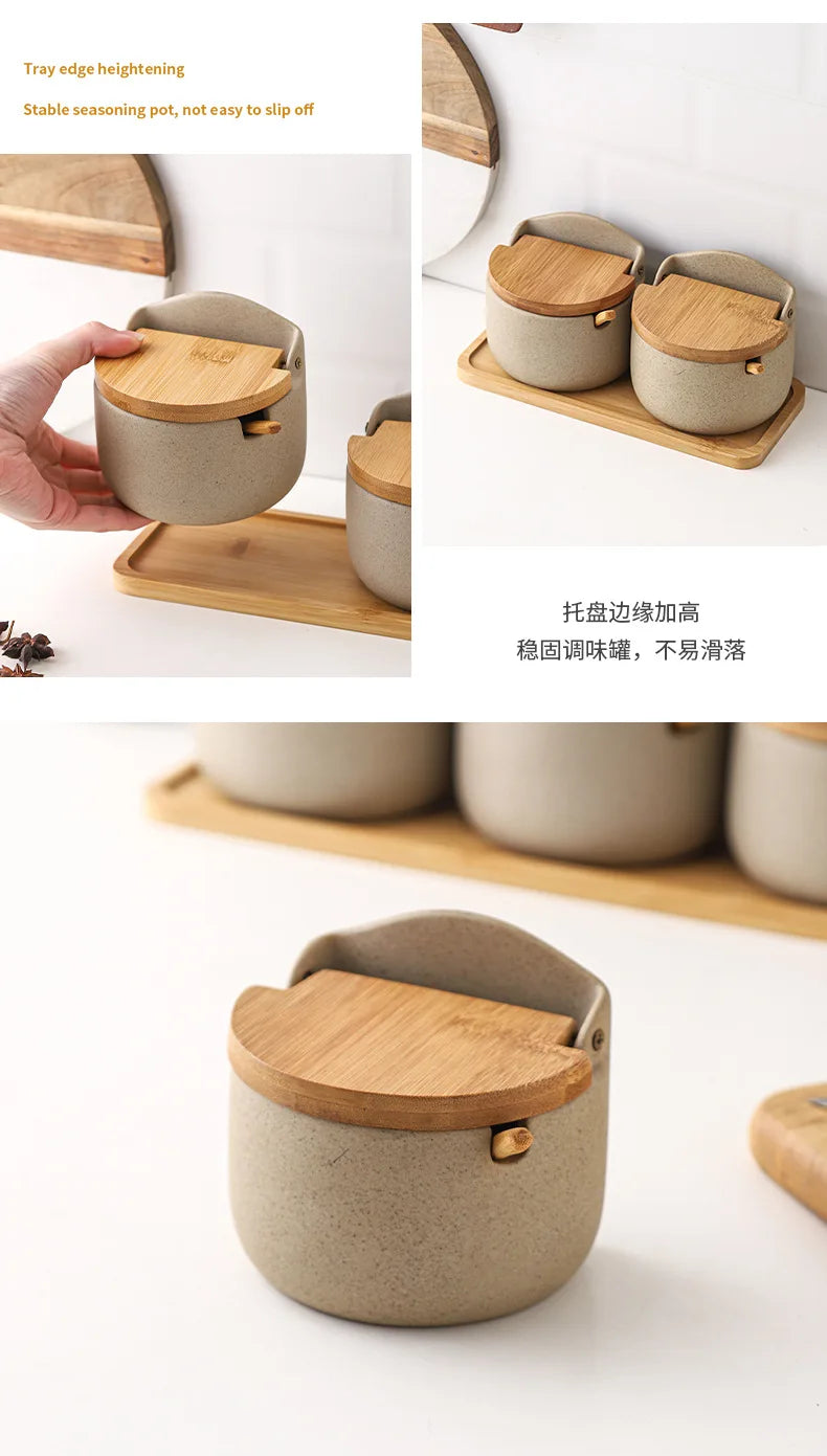 Ceramic Seasoning Jars with Wooden Lid Salt Shakers Kitchen Supplies White Spice Organizer Canister Spoon Set White Sugar Box