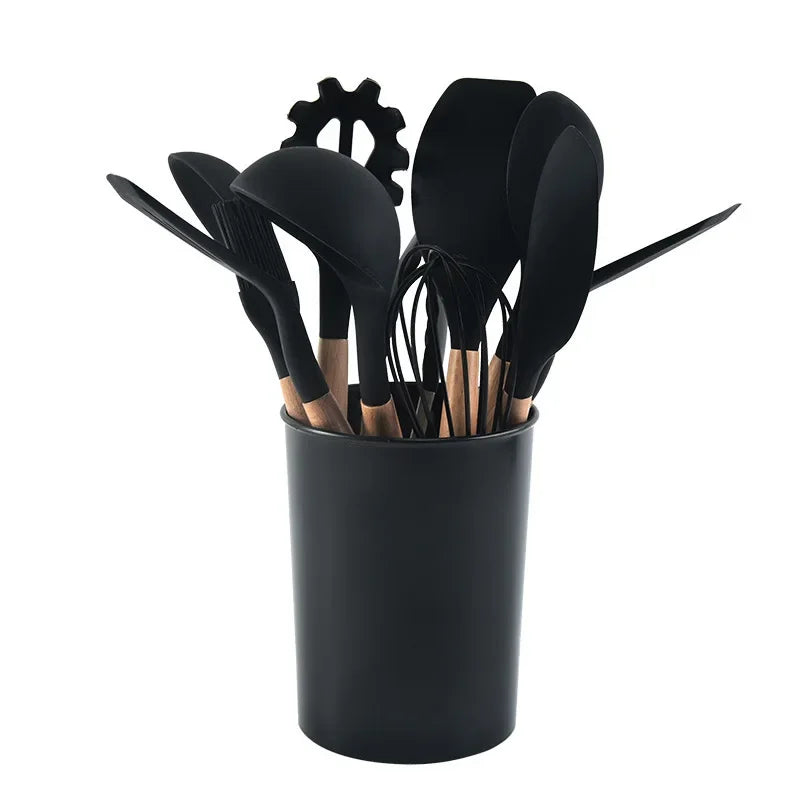 12PCS/Set Premium Quality Silicone Kitchen Utensils Set with Wood Handle and Storage Bucket Kitchen Tools Cooking Accessories