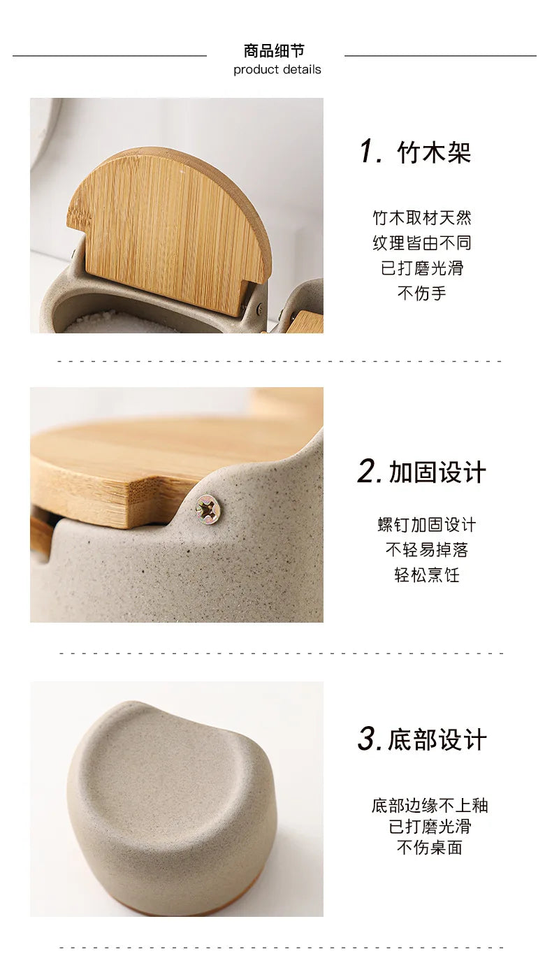 Ceramic Seasoning Jars with Wooden Lid Salt Shakers Kitchen Supplies White Spice Organizer Canister Spoon Set White Sugar Box