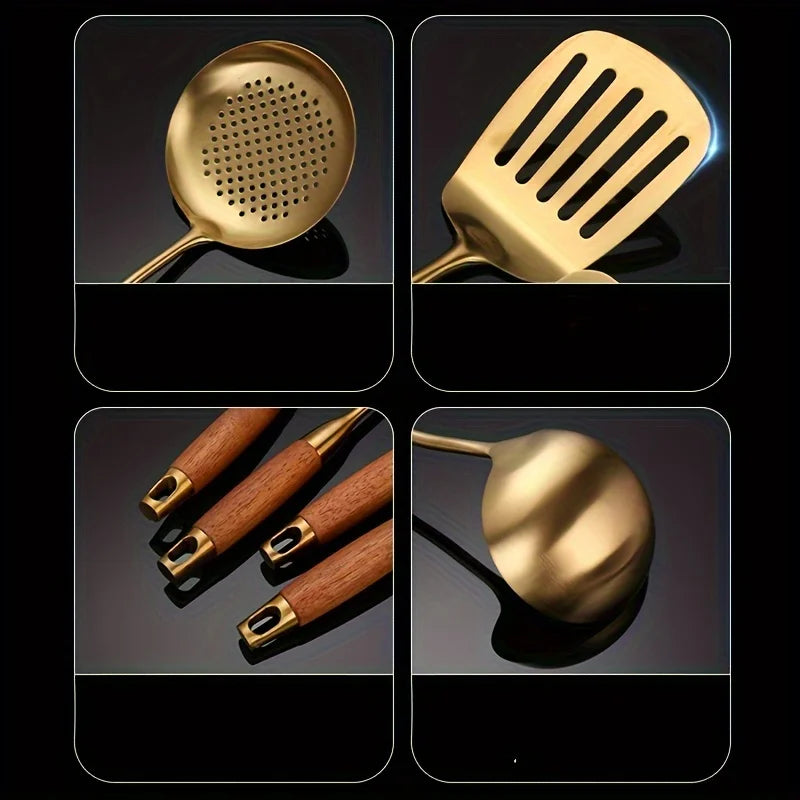 6-Piece Golden 304 Stainless Steel Kitchen Utensil Set with Padauk Wood Handle Soup Spoon and Slotted Spoon for Home Use