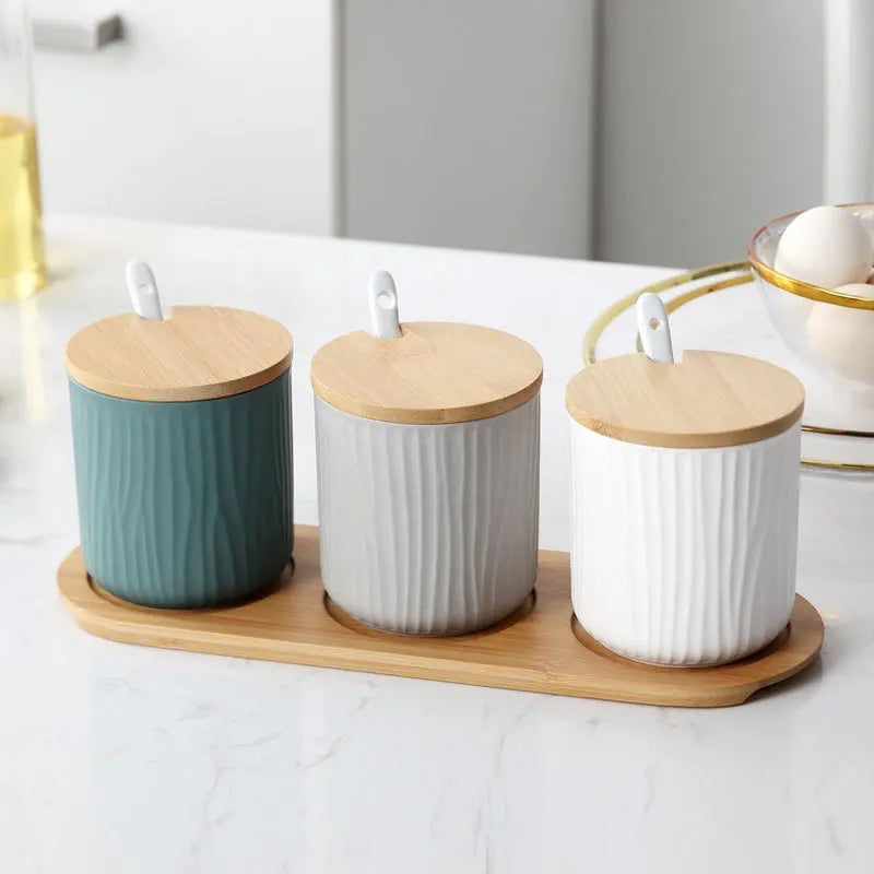 Ceramic Seasoning Jars with Wooden Lid Salt Shakers Kitchen Supplies White Spice Organizer Canister Spoon Set White Sugar Box