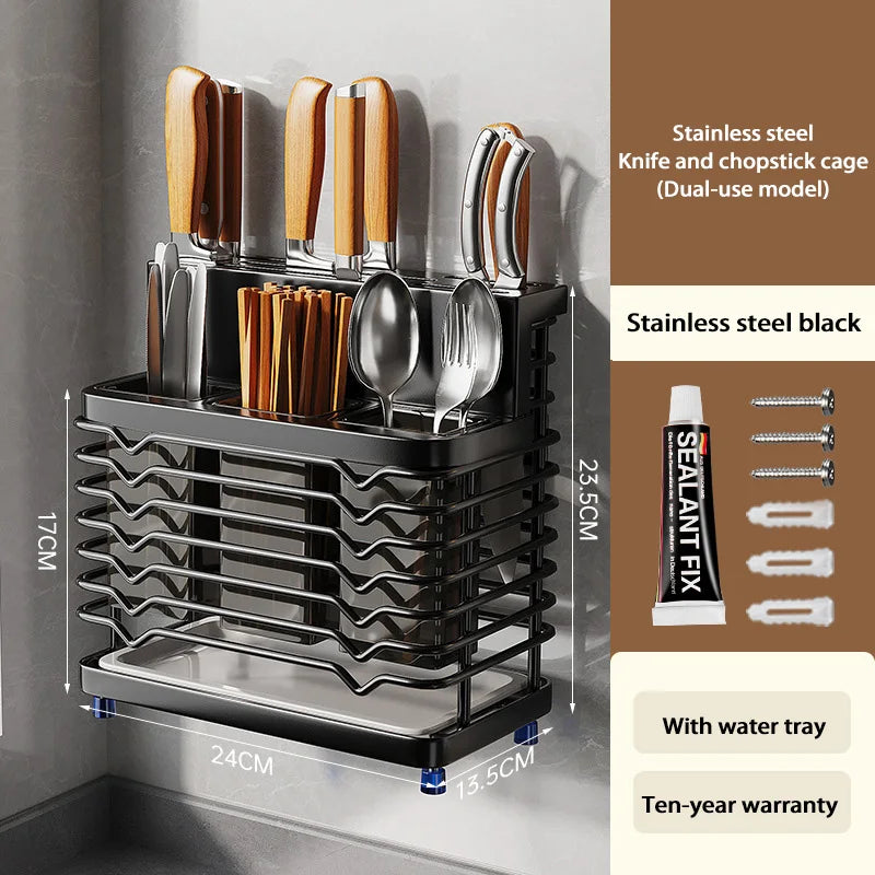Kitchen Knife Holders Storage Rack Household Stainless Stee Countertop Knife Spoon Chopstick Holder With Drain Tray