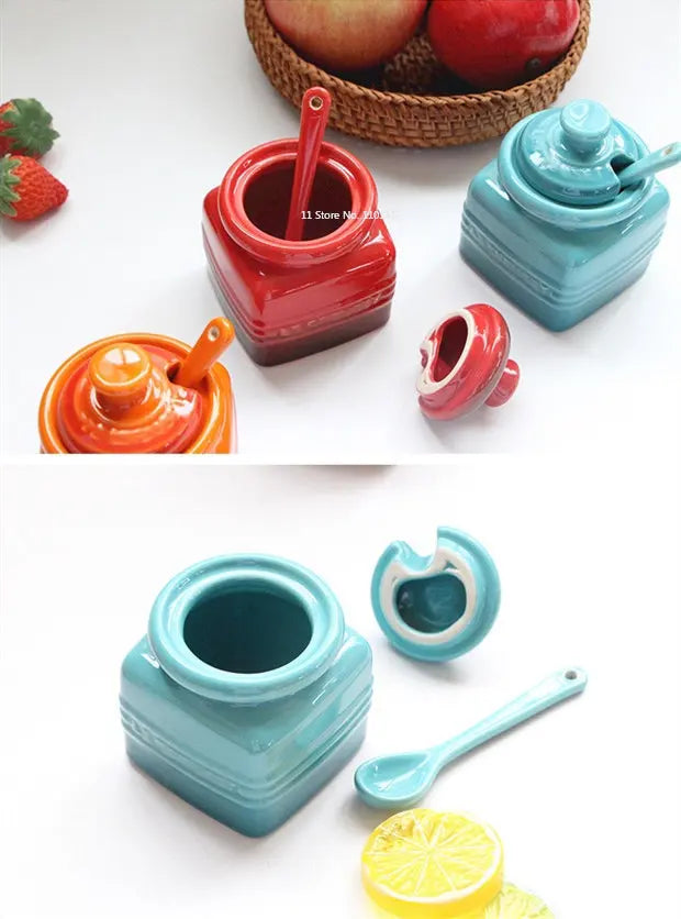 European Style Kitchen Spice Organizer Creative Ceramic Spice Jar with Spoon Gift Box Set Jam Storage Jar with Lid Spice Rack