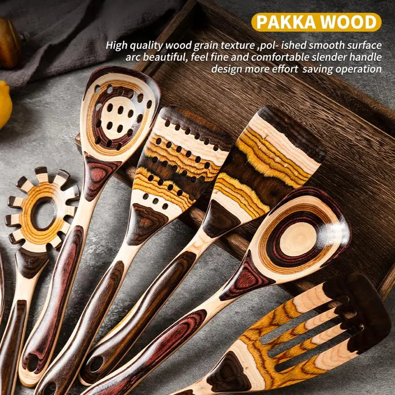 IK Kitchen Utensils 7PCS Pakkawood Cooking Utensils Set Wooden Spoons for Kitchen Wood Spatula with Non-slip Handle