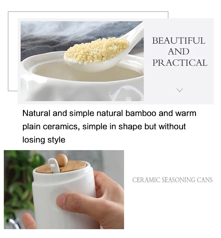 Ceramic Seasoning Jars with Wooden Lid Salt Shakers Kitchen Supplies White Spice Organizer Canister Spoon Set White Sugar Box