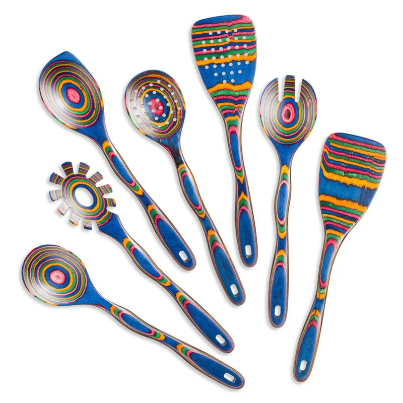 ABKJ-Seven-Piece Wooden Kitchenware Soup Spoon Set Wooden Cooking Supplies Non-Stick Large Colorful Spatula Kitchen Tools