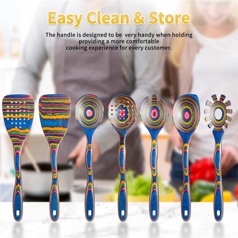 ABKJ-Seven-Piece Wooden Kitchenware Soup Spoon Set Wooden Cooking Supplies Non-Stick Large Colorful Spatula Kitchen Tools