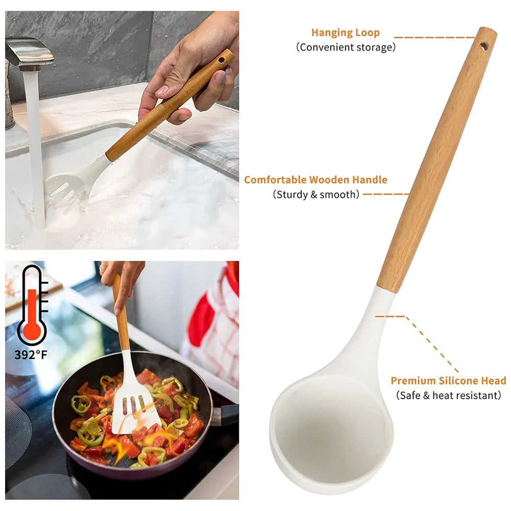 12Pcs Kitchen Utensil Set Silicone Spatula Set Wooden Handle Heat-Resistant Cookware Spatula Spoon Brush Whisk for Home Kitchen