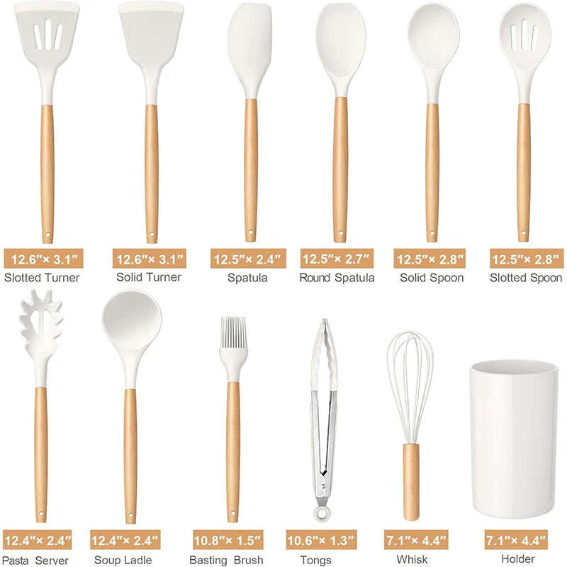 12 Pcs Silicone Kitchen Utensils Set Non Stick Silicone Cooking Utensil Set Heat Resistant Cookware with Wooden Handle JT558