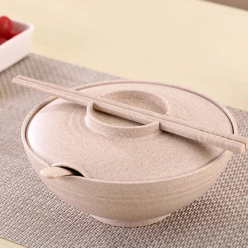 Household Tableware Set for instant food - 3pcs Wheat Straw Bowl, instant noodles bowl With Lid, Spoons and Chopsticks