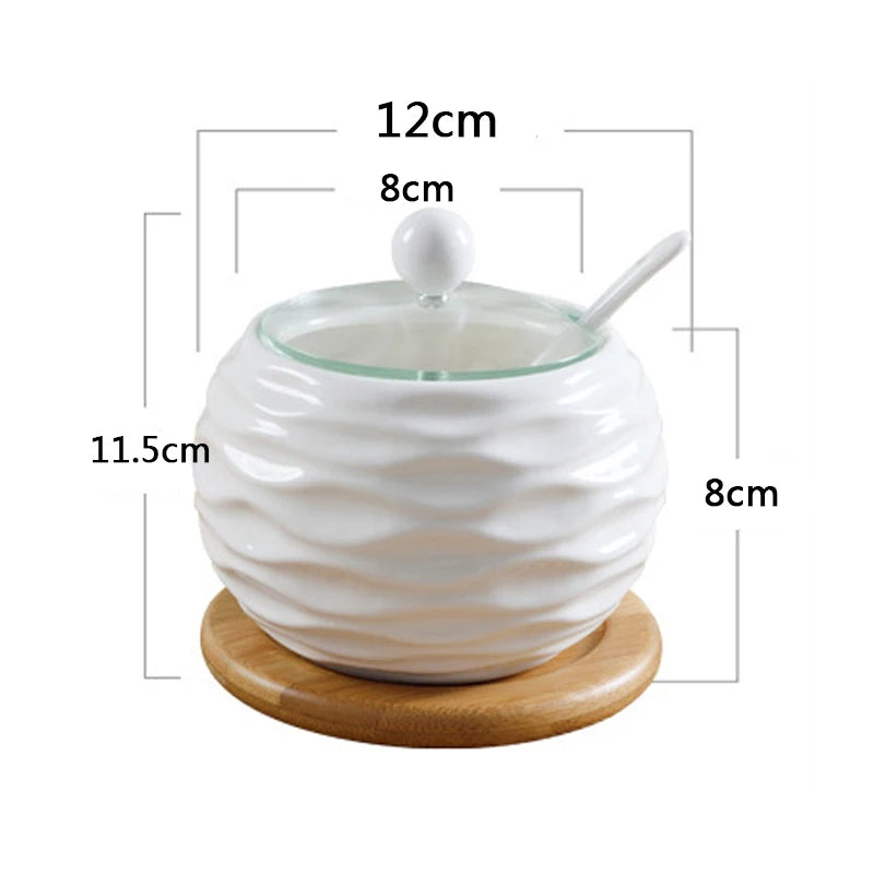 Ceramic Seasoning Jars with Wooden Lid Salt Shakers Kitchen Supplies White Spice Organizer Canister Spoon Set White Sugar Box
