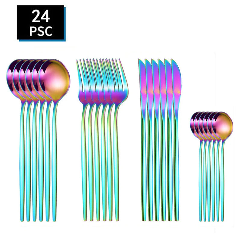 24pcs stainless steel tableware set, including knife, fork, spoon and tea spoon, suitable for outdoor travel.