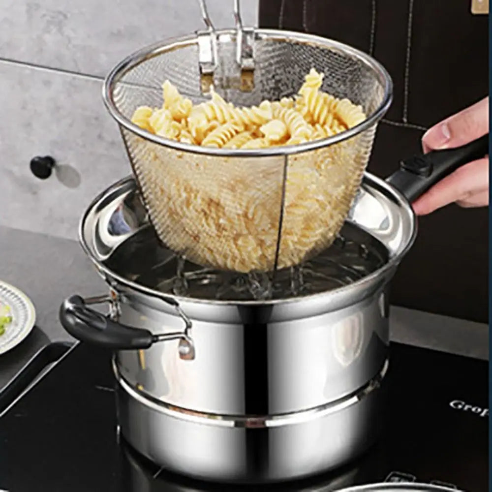 Kitchen Cookware Stainless Steel Deep Fryer Pot with Frying Basket and Steamer Japanese Pasta Pot Visible Lid Stockpot Noodle