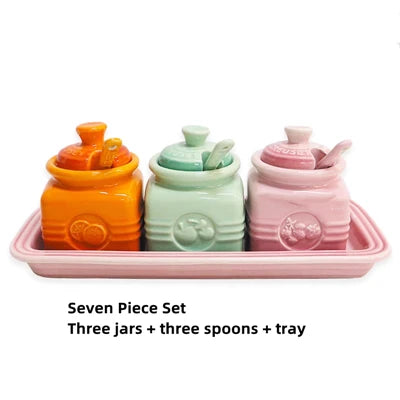 European Style Kitchen Spice Organizer Creative Ceramic Spice Jar with Spoon Gift Box Set Jam Storage Jar with Lid Spice Rack