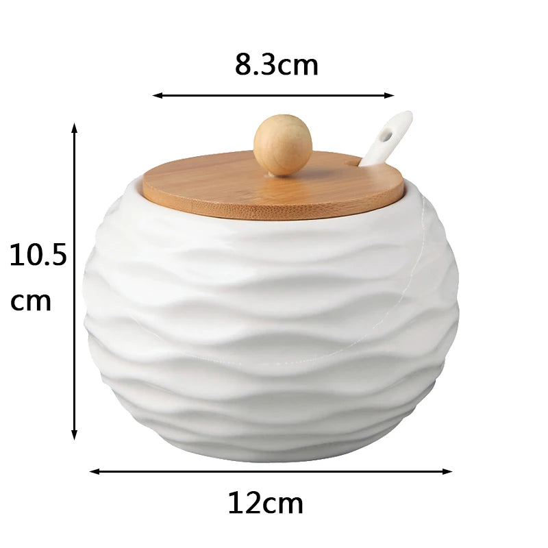 Ceramic Seasoning Jars with Wooden Lid Salt Shakers Kitchen Supplies White Spice Organizer Canister Spoon Set White Sugar Box