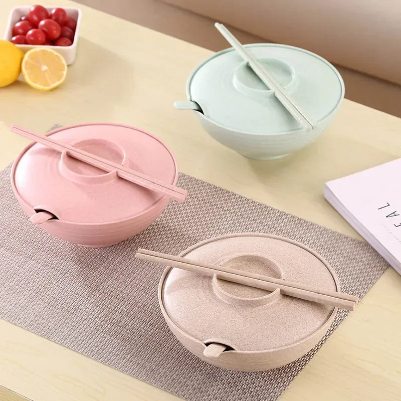 Household Tableware Set for instant food - 3pcs Wheat Straw Bowl, instant noodles bowl With Lid, Spoons and Chopsticks