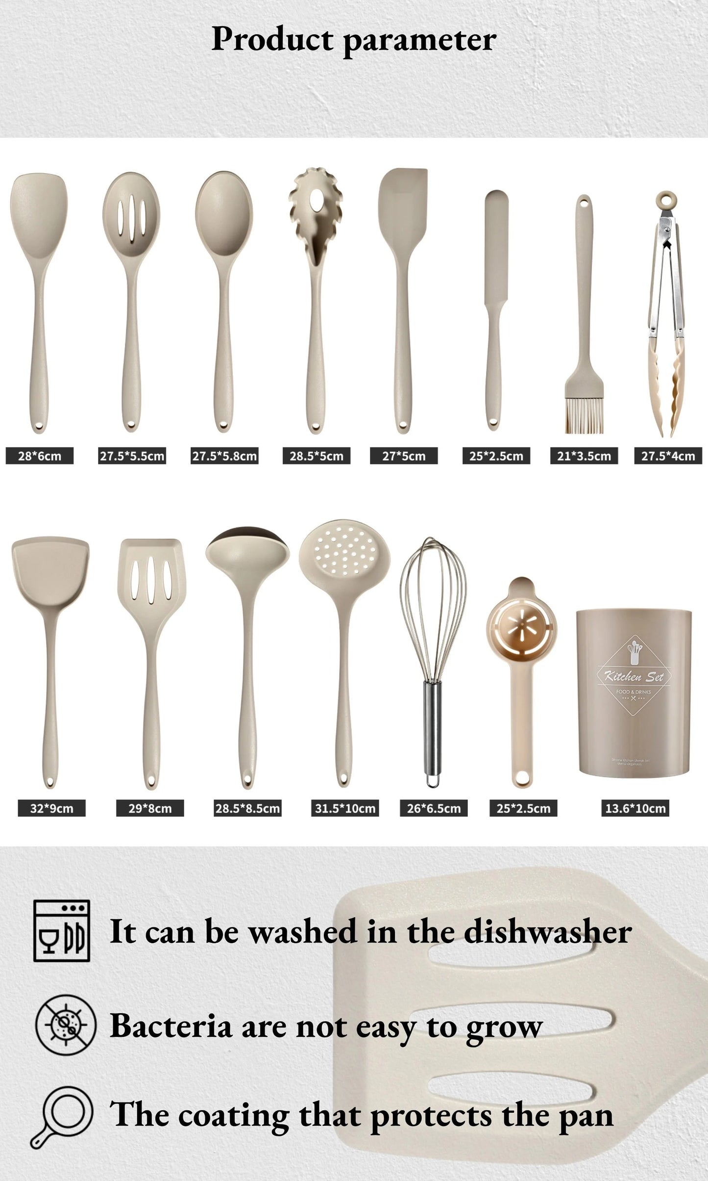15Pcs Khaki Food Grade Silicone Kitchen Cookware Utensils Turner Spatula Soup Spoon Practical Cooking Tool Kitchenware Set