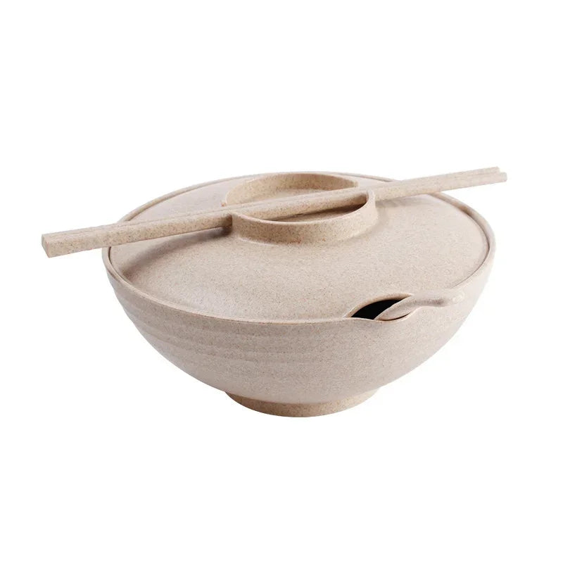 Household Tableware Set for instant food - 3pcs Wheat Straw Bowl, instant noodles bowl With Lid, Spoons and Chopsticks