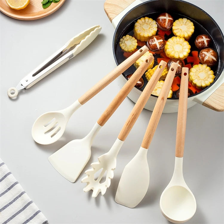 12 Pcs Silicone Kitchen Utensils Set Non Stick Silicone Cooking Utensil Set Heat Resistant Cookware with Wooden Handle JT558