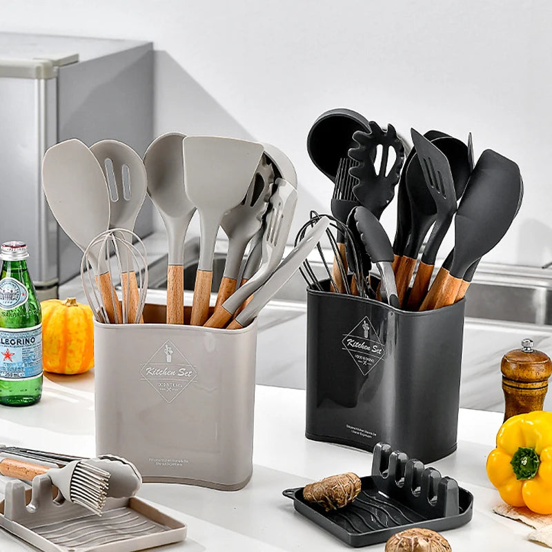 13Pcs Ilicone Kitchen Utensils Spatula Shovel Soup Spoon Cooking Tool with Storage Bucket Non-Stick Wood Handle Kitchen Gadgets