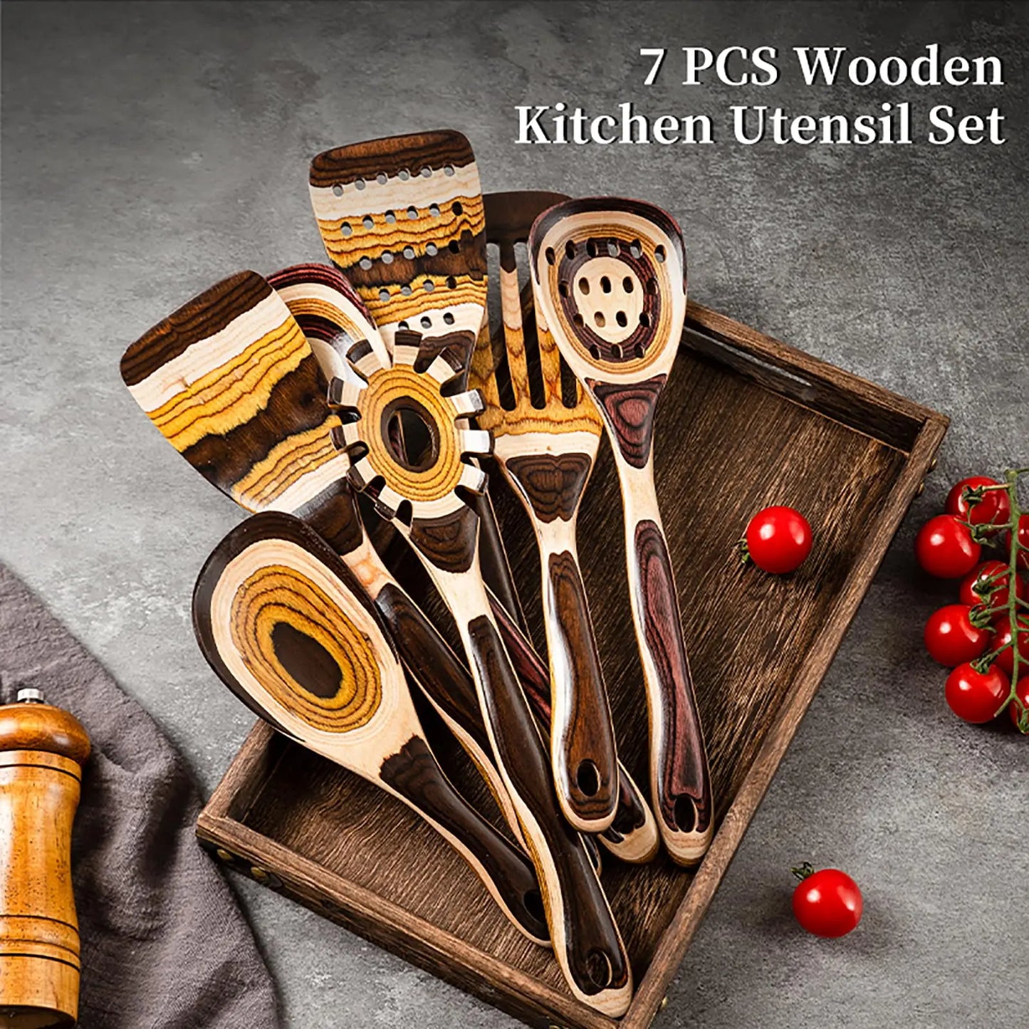IK Kitchen Utensils 7PCS Pakkawood Cooking Utensils Set Wooden Spoons for Kitchen Wood Spatula with Non-slip Handle