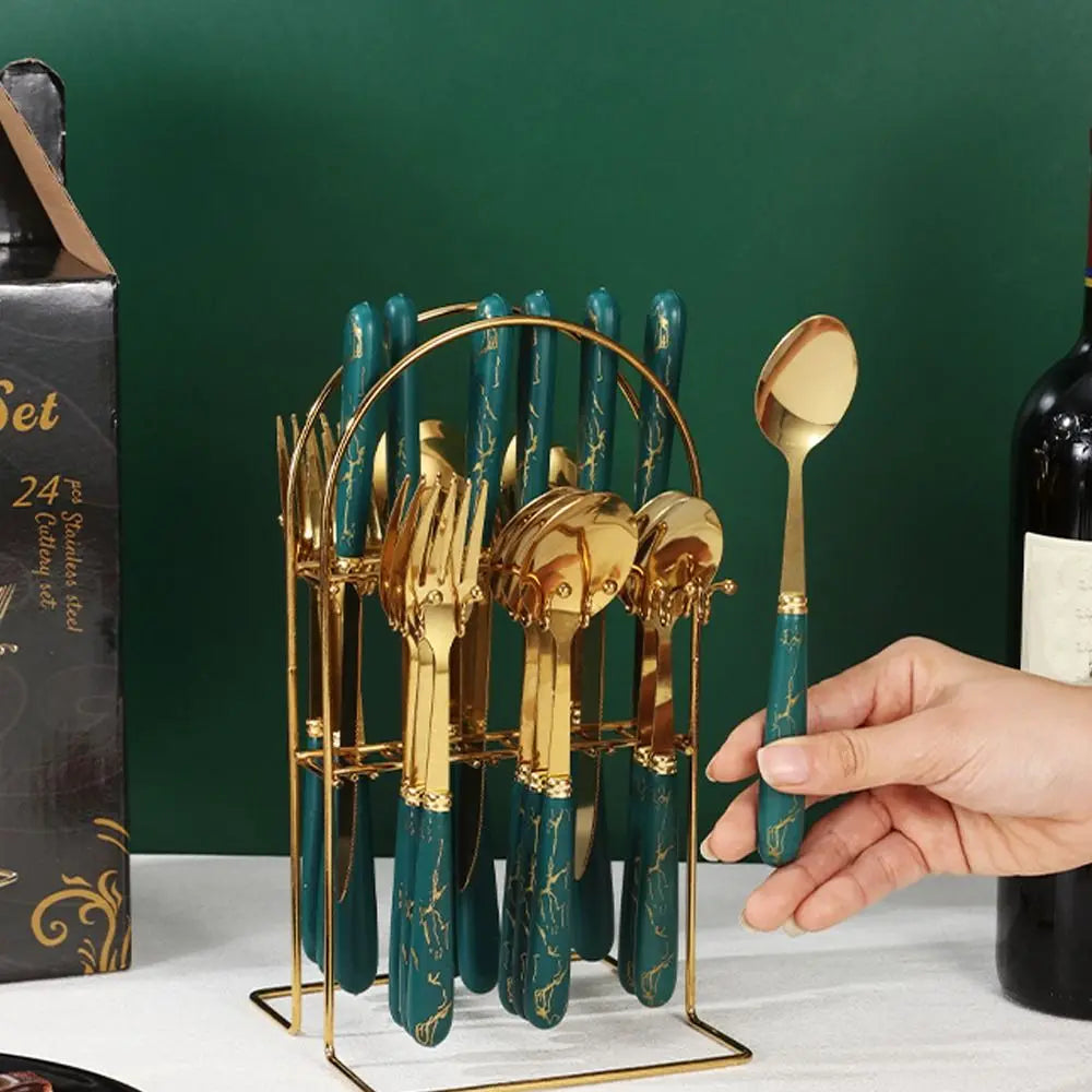 Fashion 24pcs Cutlery Set Stainless Steel Metal Gift Tableware Forks Spoons Kits Dinnerware Home School Kitchen