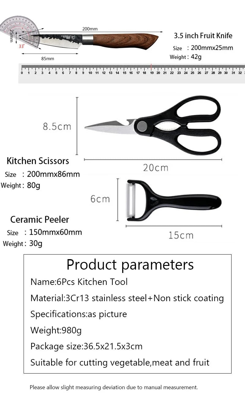 6pcs Kitchen Knives Set Chef Slicing Knives Set Meat Cleaver Fruit Knife Peeler Scissors Stainless Steel Cooking Set Tools
