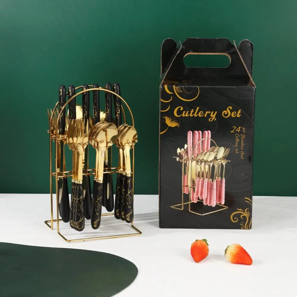 Fashion 24pcs Cutlery Set Stainless Steel Metal Gift Tableware Forks Spoons Kits Dinnerware Home School Kitchen