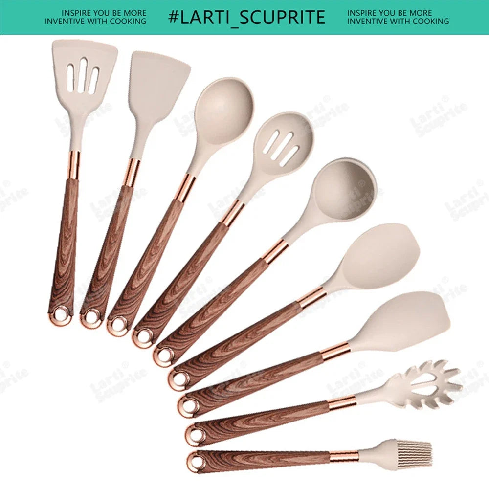 Good Quality Silicone Kitchen Utensils Set Rose Gold Plated Handle Cooking Tool Non-stick Heat Resistant Kitchenware Accessories