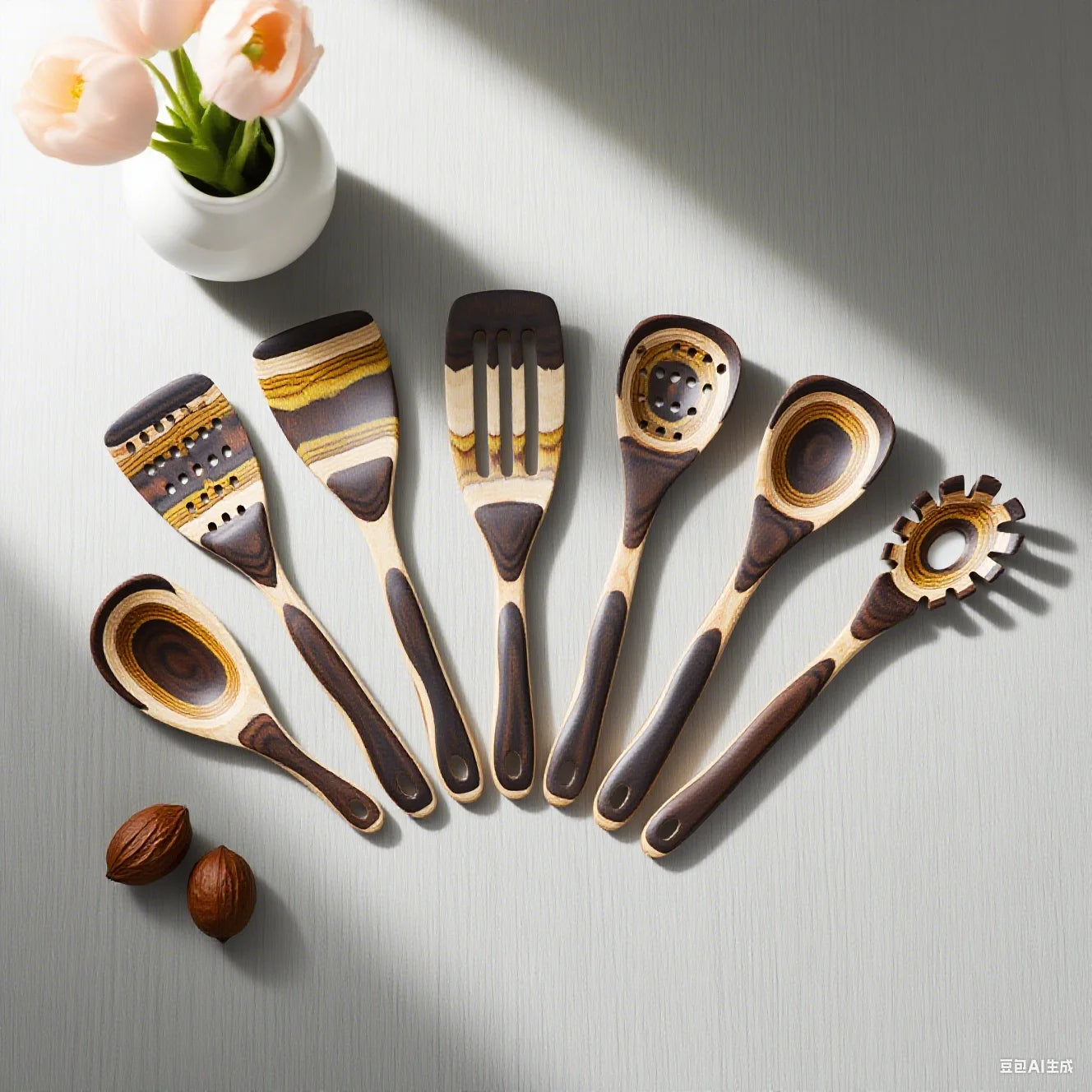 IK Kitchen Utensils 7PCS Pakkawood Cooking Utensils Set Wooden Spoons for Kitchen Wood Spatula with Non-slip Handle