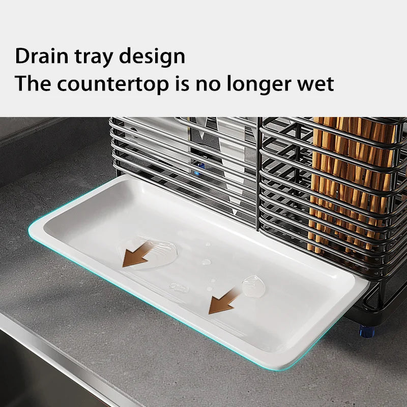 Kitchen Knife Holders Storage Rack Household Stainless Stee Countertop Knife Spoon Chopstick Holder With Drain Tray