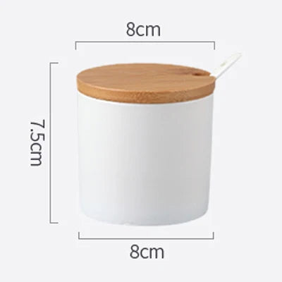 Ceramic Seasoning Jars with Wooden Lid Salt Shakers Kitchen Supplies White Spice Organizer Canister Spoon Set White Sugar Box