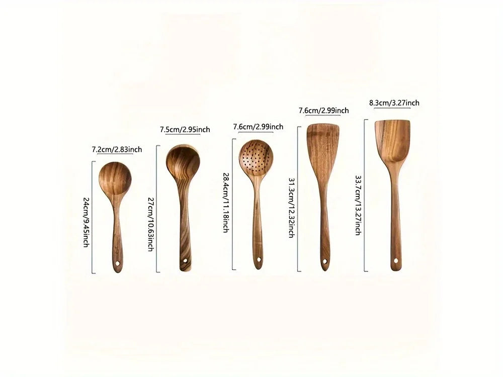 5pcs Premium Wooden Kitchen Utensils Set - Ergonomic Handles, Natural Wooden Spoons, Spurtle, Ladle, And Wok Spatulas