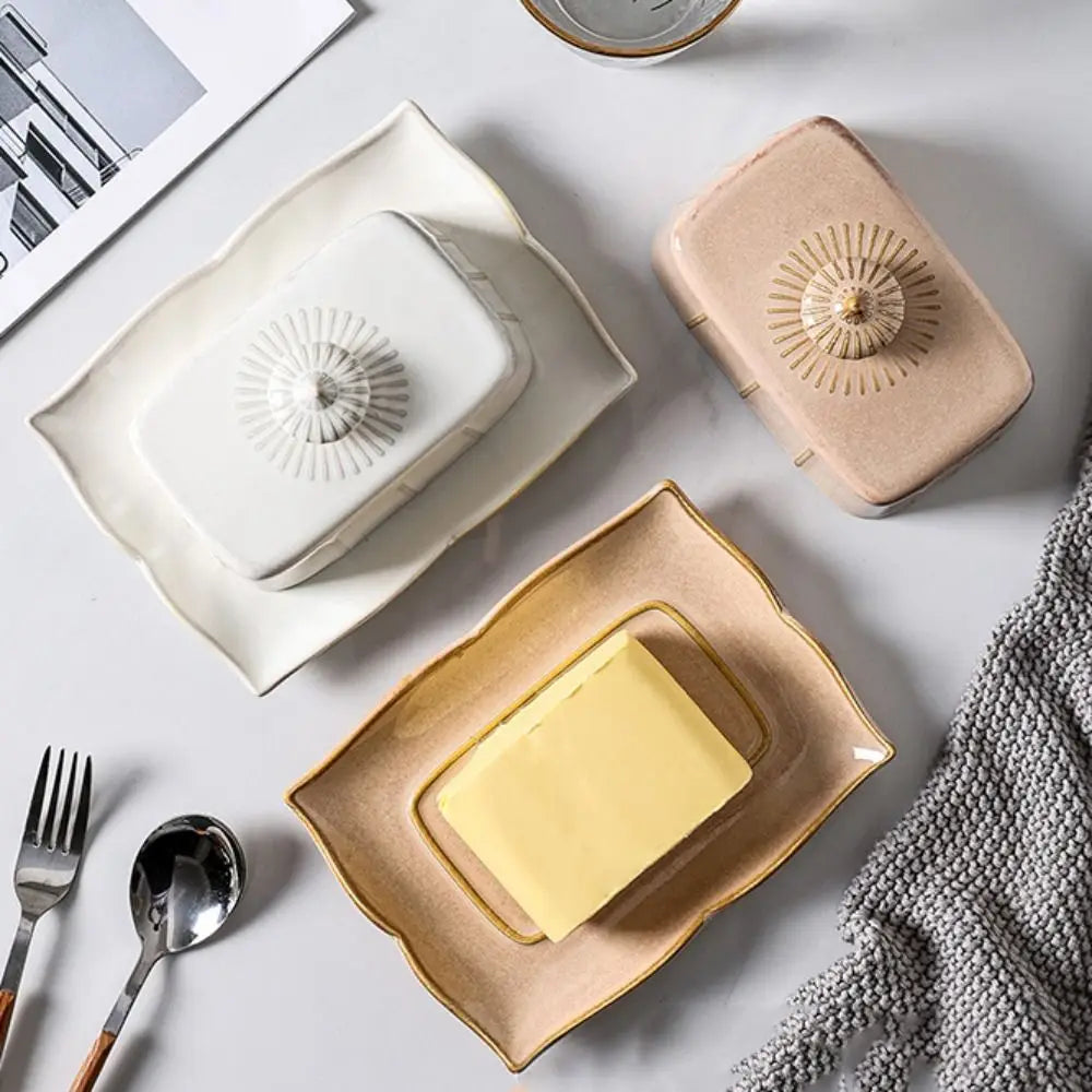 European Kitchen Utensils Ceramic Butter Dish Exquisite Rectangular Dim Sum Dish Household with Cover Storage Tray Hotel