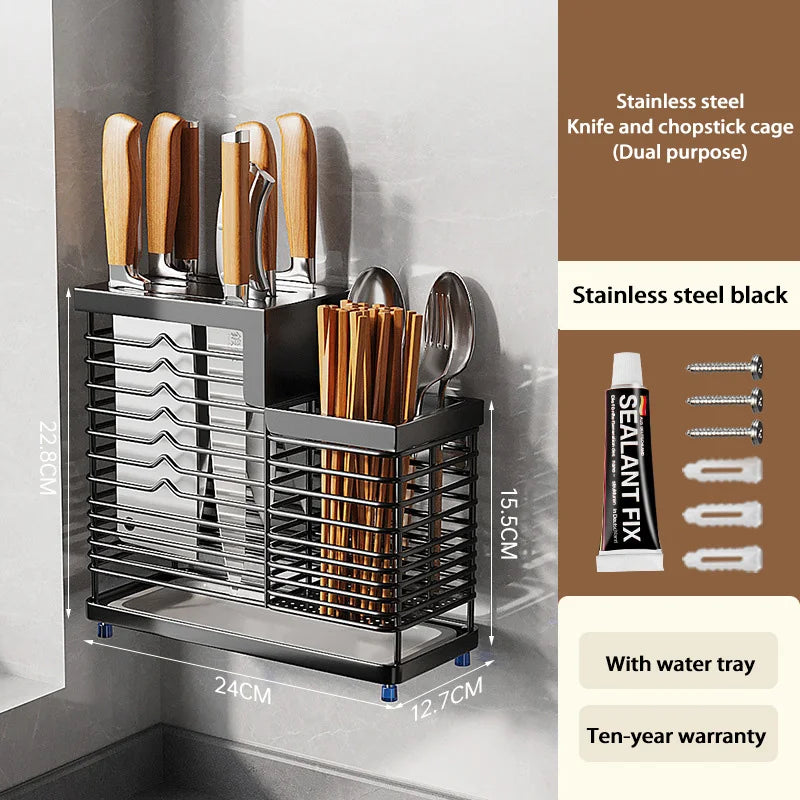 Kitchen Knife Holders Storage Rack Household Stainless Stee Countertop Knife Spoon Chopstick Holder With Drain Tray