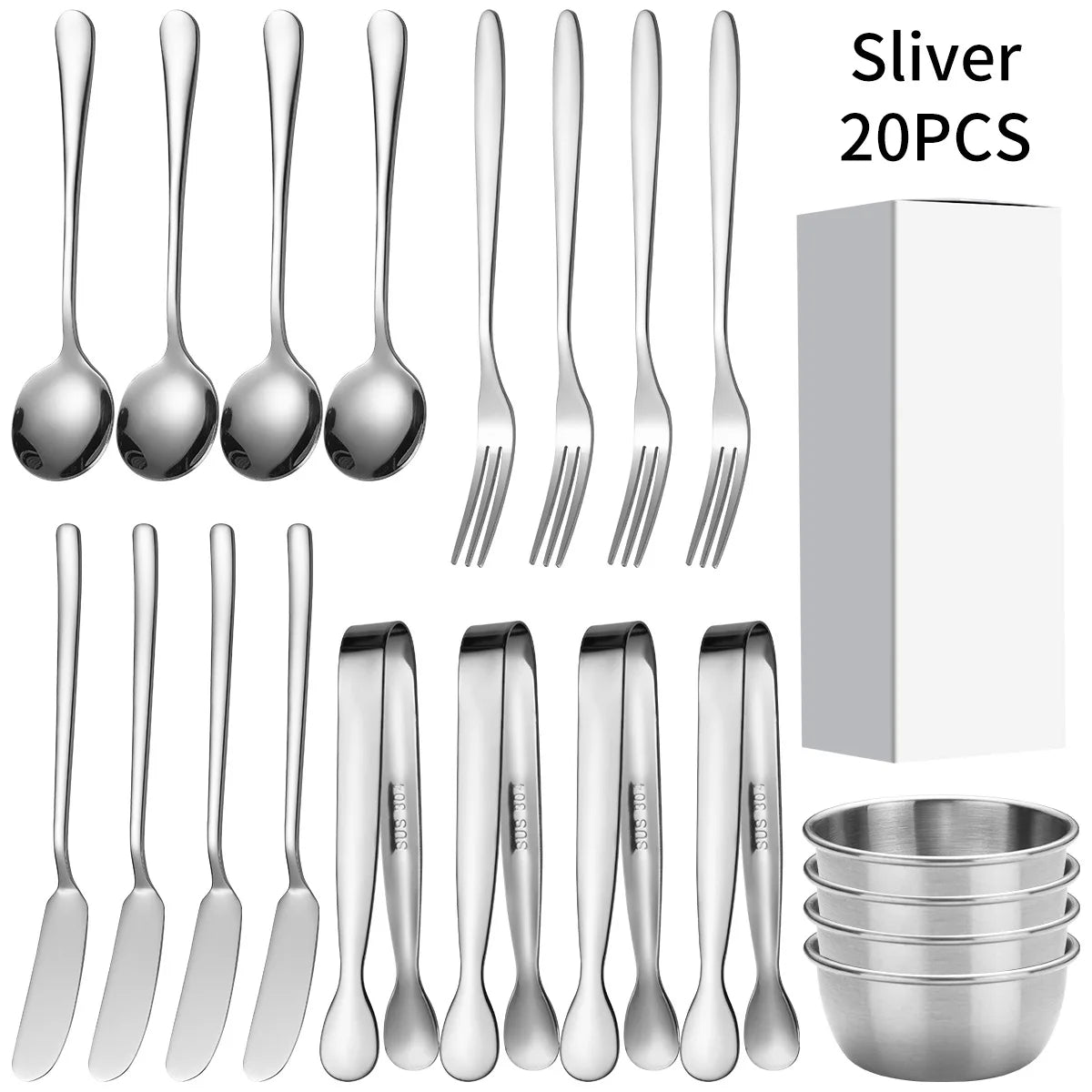 16/20 Pcs Kitchen Cooking Utensils Set Food Tongs Stainless Steel Cheese Butter Knife Soup Spoon Fruit Fork Sauce Bowl Tableware