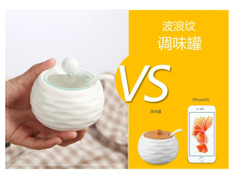 Ceramic Seasoning Jars with Wooden Lid Salt Shakers Kitchen Supplies White Spice Organizer Canister Spoon Set White Sugar Box