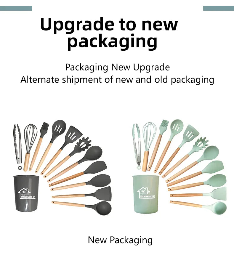 12PCS/Set Premium Quality Silicone Kitchen Utensils Set with Wood Handle and Storage Bucket Kitchen Tools Cooking Accessories