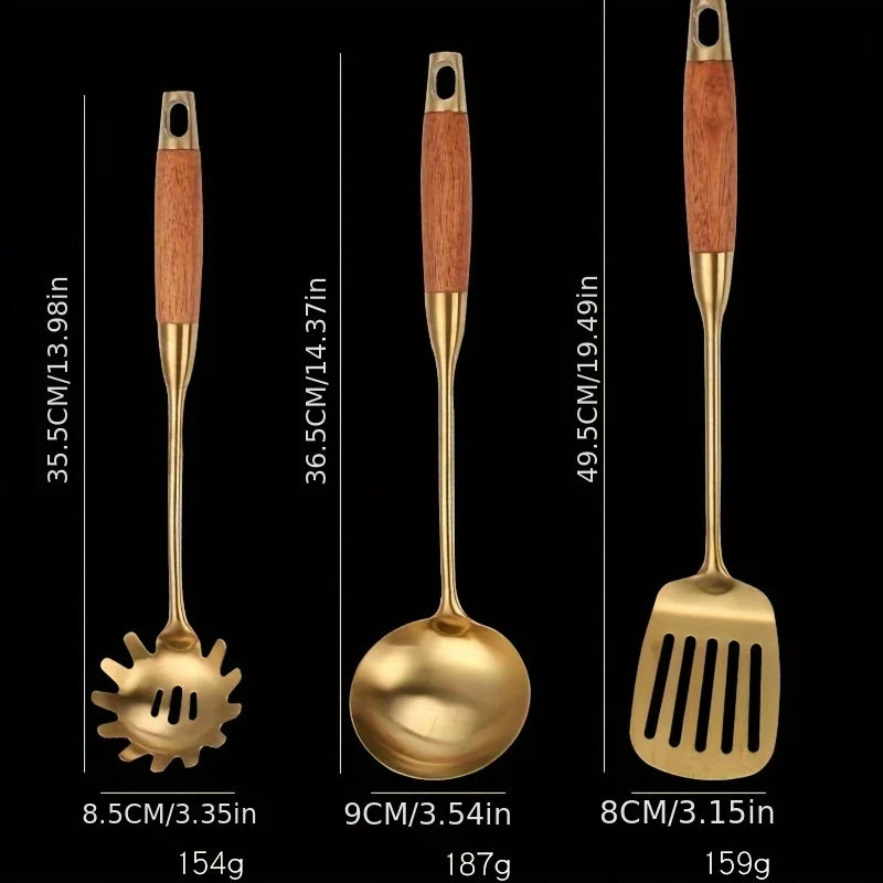 6-Piece Golden 304 Stainless Steel Kitchen Utensil Set with Padauk Wood Handle Soup Spoon and Slotted Spoon for Home Use
